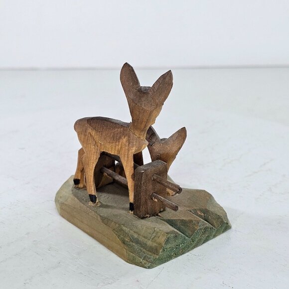 Hand-Carved Wooden Deer Family Sculpture With Rustic Fence On Geometric Base - Picture 3 of 8